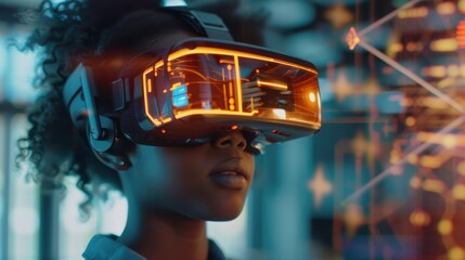 Aufkleber - A woman wearing a virtual reality headset is looking at a computer screen