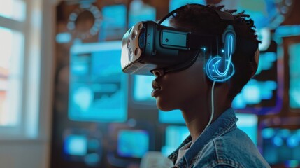 Aufkleber - A woman wearing a virtual reality headset is looking at a computer screen