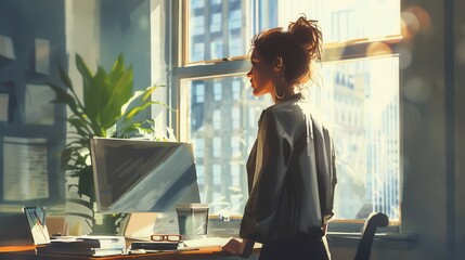Poster - A woman is sitting at a desk with a computer monitor in front of her