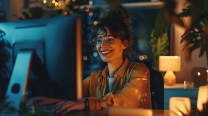 Poster - A woman is sitting at a desk with a computer monitor in front of her