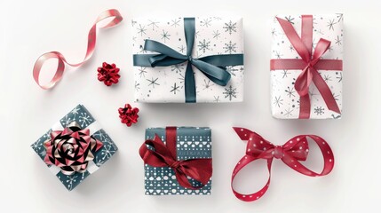 Colorful holiday gifts wrapped in decorative paper with ribbons arranged artistically on a white surface