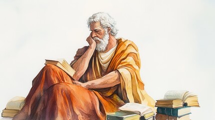 Poster - A thoughtful philosopher immersed in reading surrounded by books in a serene environment, capturing ancient wisdom and knowledge