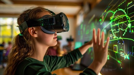 Aufkleber - A girl wearing a virtual reality headset is playing a game
