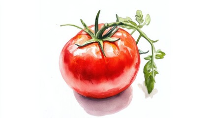 Poster - Fresh ripe tomato with vibrant red color and green leaves on a white background showcasing its natural beauty and freshness