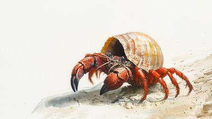 Poster - A hermit crab exploring a sandy shore with its shell during a warm, sunny day by the ocean
