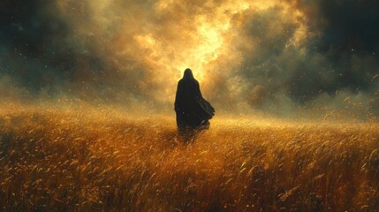 A solitary figure walks through a golden field under dramatic skies.