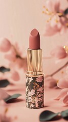 pink lipstick flowers painted tube with flower background packshot style for advertisement	