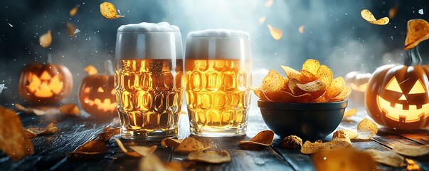 Wall Mural - Halloween concept banner with flying beer glasses a bowl of potato chips and spooky pumpkins on a gray background