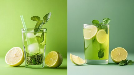 Wall Mural - two glasses of iced green tea with lemon and mint on a green background.