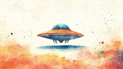 Poster - A colorful depiction of a hovering UFO above a vibrant abstract landscape during twilight with swirling colors in the background