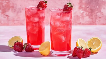 Wall Mural - two glasses of iced strawberry lemonade with lemon and strawberry slices on a pink background.