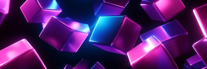 Poster - neon glowing cubes abstract background, a vibrant and futuristic image depicting a chaotic arrangeme