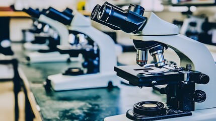 Poster - a row of microscopes in a laboratory setting