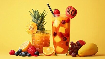 Sticker - Two Glasses of Orange Juice with Fruits and Straw on a Yellow Background.