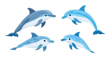  Set of Cartoon Baby Dolphins Swimming and Jumping