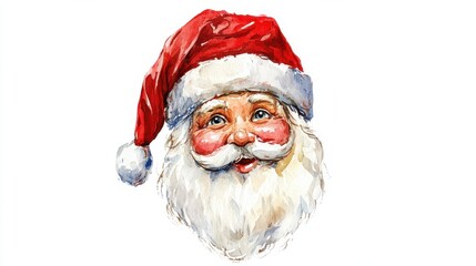 Poster - Cheerful Santa Claus face with a red hat and white beard on a white background, perfect for holiday celebrations or decorations