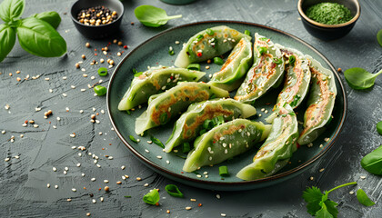 Wall Mural - Delicious green dumplings (gyozas) served on grey wooden table, flat lay