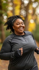 Poster - A woman is running in a park and smiling