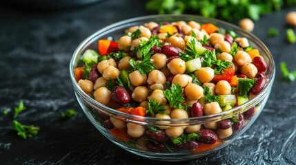 A vibrant legume salad of soaked chickpeas and kidney beans, mixed with raw vegetables, parsley, and a dash of mild spices, served in a glass bowl.