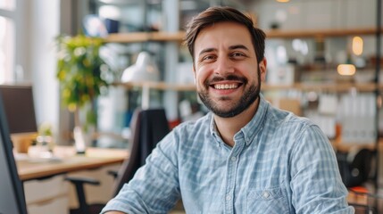 Poster - A man with a smile on his face is sitting at a desk in a room with a potted plan