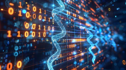 Digital DNA Helix with Flowing Binary Code and Data Streams Representing Biological Data Storage Concept