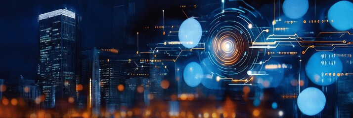 Aufkleber - Smart City Interconnected Technology Systems, futuristic cityscape, network, digital, innovation, technology, connectivity.