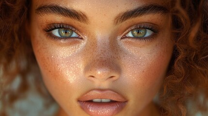 Canvas Print - Close-up Portrait of a Young Woman with Freckles and Green Eyes