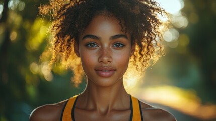 Sticker - Beautiful Woman Portrait with Curly Hair and Warm Light