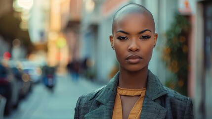 Poster - A woman with a shaved head stands on a city street