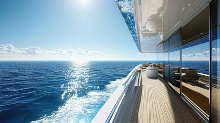 Wall Mural - A yachtaes expansive deck overlooking the vast blue ocean, with sunlight reflecting off the waves and a clear horizon