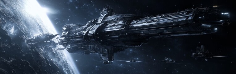 Poster - A vast fleet of futuristic spacecraft navigates through the depths of space near a glowing blue planet during a silent exploration mission