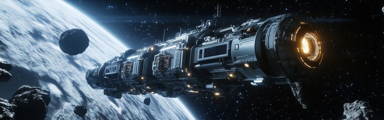 Poster - A futuristic spacecraft glides through space near an asteroid belt, capturing the vastness of the cosmos in spectacular detail