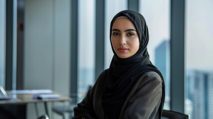Poster - A woman wearing a black head scarf sits at a table with a book in front of her