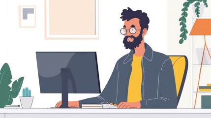 Fototapete - A man wearing glasses sits at a desk in front of a computer monitor