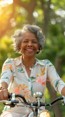 Poster - A woman is smiling and riding a bicycle