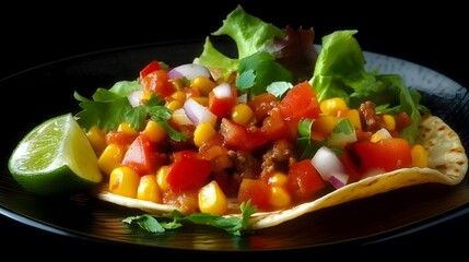 A delicious taco with ground beef, corn, tomatoes, onions, cilantro, and lettuce on a black plate with a lime wedge.