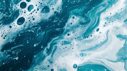 Poster - Acrylic ink water. Sea foam. Cyan blue ocean wave with white bubbles effect. Color gradient paint splash design. Smeared streak abstract pattern. Marble texture art background  