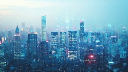 Aufkleber - Vibrant skyline view of a modern city at dusk, showcasing illuminated skyscrapers and a colorful atmosphere amidst a fading sunset
