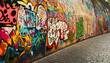 © mai - A graffiti-covered urban wall, showcasing vibrant colors, bold lines, and an edgy, artistic vibe