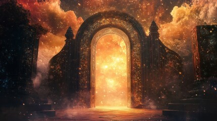 Poster - A mystical glowing doorway surrounded by cosmic clouds evokes a sense of wonder and fantasy at twilight