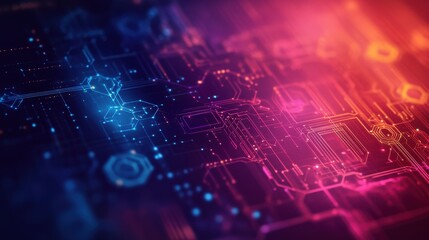 Poster - Colorful abstract digital circuit patterns illuminated in vibrant shades of blue, pink, and orange against a dark background