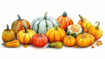 Poster - A row of pumpkins and squash on a white background