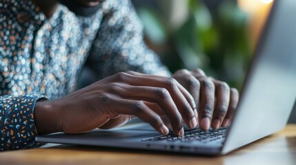 Aufkleber - A person typing intently on a laptop while seated at a wooden table in a cozy indoor environment with soft lighting