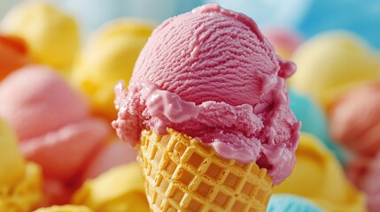 Poster - Colorful ice cream scoops in a waffle cone set against a bright, playful background in a summer-themed dessert display