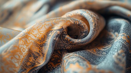 Poster - Delicate fabric with intricate patterns in warm tones gently arranged on a textured surface, highlighting its graceful drape