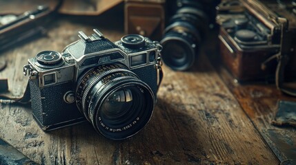 Aged camera with scratched metal body and vintage lens, standing on an old wooden surface, surrounded by antique photography equipment