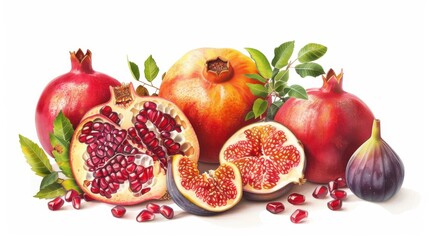 Poster - A close up of a variety of fruits and vegetables, including pomegranates, figs