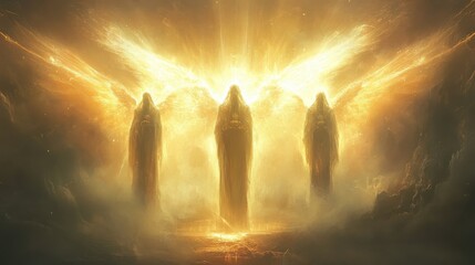 Poster - Three ethereal figures with golden wings emanate light in a celestial landscape filled with mist and radiance