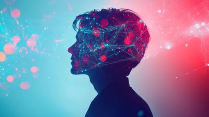 Aufkleber - A profile silhouette of a person against a vibrant blue and pink background, depicting digital connections and neural networks