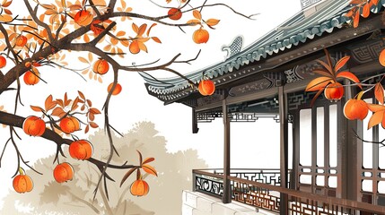 Wall Mural - Autumn_illustration_Chinese_style_persimmon_ancie